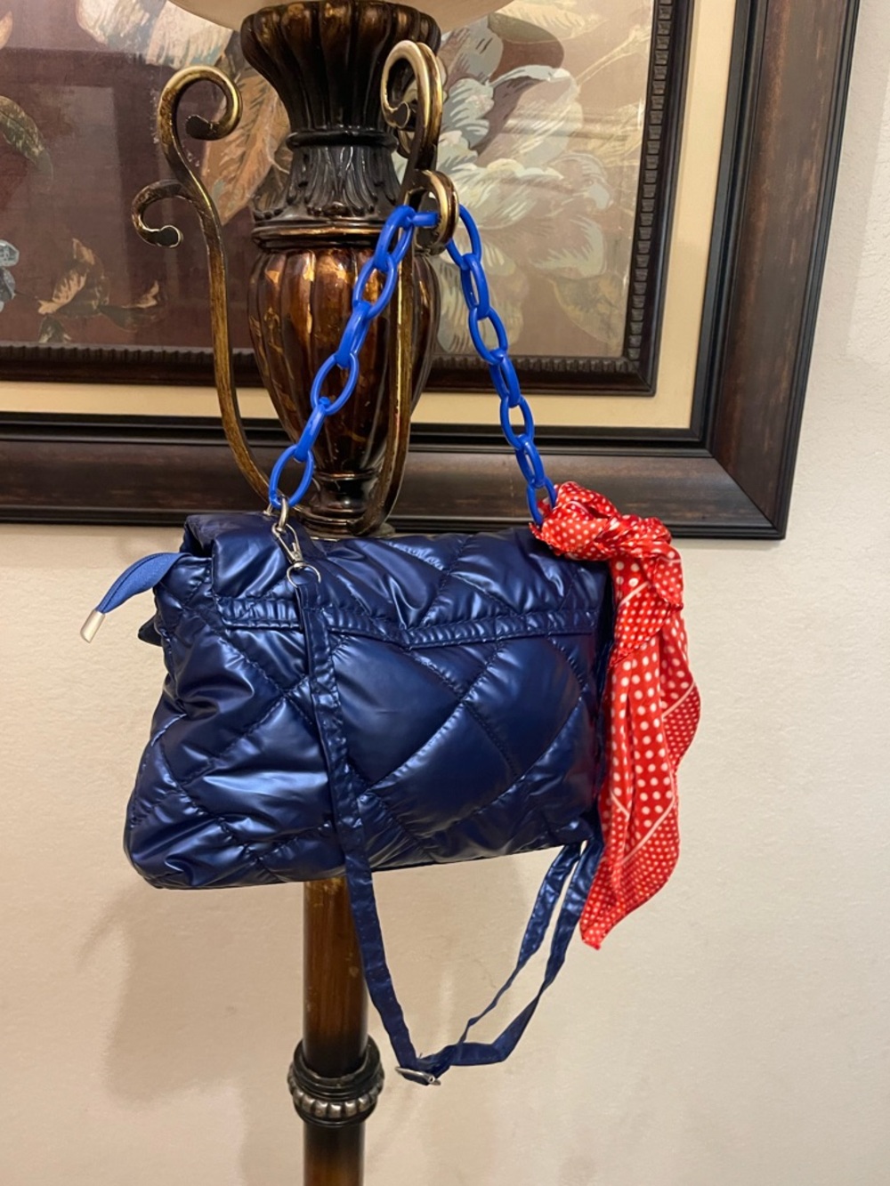 Quilted Navy Shoulder Bag with Chain Handle - Picture 7 of 16